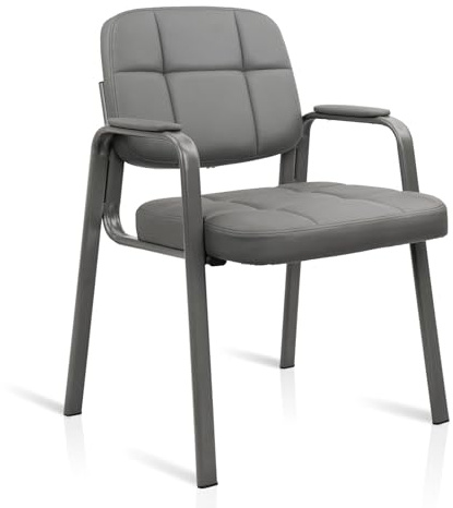 CLATINA Guest Waiting Reception Chair with Bonded Leather Thick Cushion and Padded Arm Rest Stationary Desk Chairs for Office Home Conference Meeting Lobby Hall Side Break Room, Grey