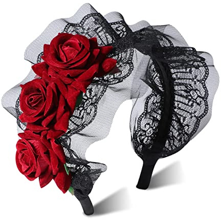 MWOOT Damen Halloween Haarschmuck Rose Stirnband, Blumen Kopfschmuck zum Halloweenkostüm Mexikanische Haardekoration, Künstliche Blume Haarband, Halloween Gotik Haarschmuck