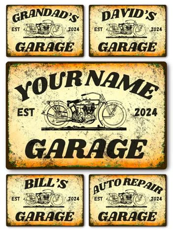 Personalised Metal Signs - Custom Plaque for Home Decor, Wall Art, Man Cave, Door, House, Shed, Bedroom (Motorbike Garage Sign)