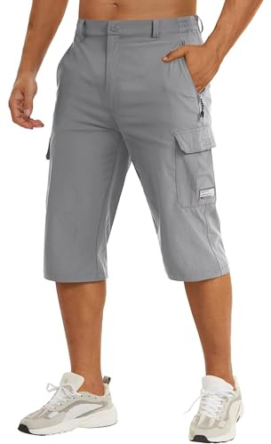 TACVASEN Walking Shorts Men Outdoor Cargo 3 Quarter Length Shorts Walking Quick Dry Capri Long Shorts 3/4 Running Exercise Gym Pants Light Grey