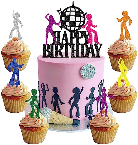 25 Stück Disco Tortendeko Tanzende Menschen Cake Toppers 70er 80er Jahre Tanzen Cupcake Topper Discokugel Kuchen Toppers für Hippie Neon Party Dekorationen Ball Dance Geburtstag Party