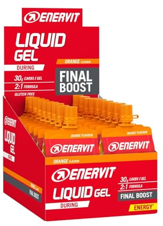 Enervit, Gel Líquido de Naranja, Idóneo para Deportes de Resistencia, Aporta 30 Gramos de Hidratos de Carbono, con Maltodextrina, Fructosa y Vitamina B1, Envase de 18 de 60 Mililitros