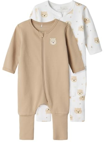 Name IT Unisex Baby Nbnnightsuit 2p Zip Ff Oxford Bear Noos Schlafanzug, Oxford Tan, 104 EU