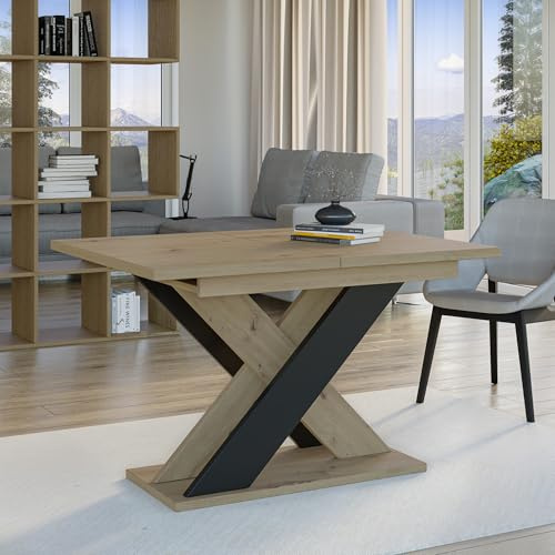 PROROOM FURNITURE - Xara Table - Esstisch - Rechteckig - 120x90x75 cm - Ausziehbar auf 160 cm - Säulentisch - mit X-Gestell - Modern - für Esszimmer, Küche, Wohnzimmer, Salon - Holzoptik & Schwarz