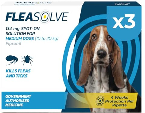Dog Flea Treatment Medium Dog x 3 - Flea Treatment for Dogs Medium 10-20 kg - Spot-On Solution for Flea and Tick Control - FleaSolve 3 x Pipettes, 3 x Doses