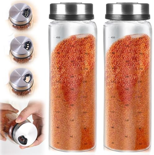 GOEDCH Pots à Épices en Verre Borosilicaté: 2 Pièces 500ml Grand Bocaux Epices Avec Couvercle Pivotant, Salière à Épices 3 Types de Trous, Pots à Épices pour Conserver Les Epices Cuisine