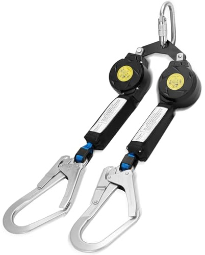 6 ft Dual Leg Self-retracting Lifeline Web Lanyard Retractable, Twin-Leg Self Retracting Lifeline with Twin Big Rebar Hooks, Two Shock Absorber, Double Leg Retractable Lanyard for Roofing Construction