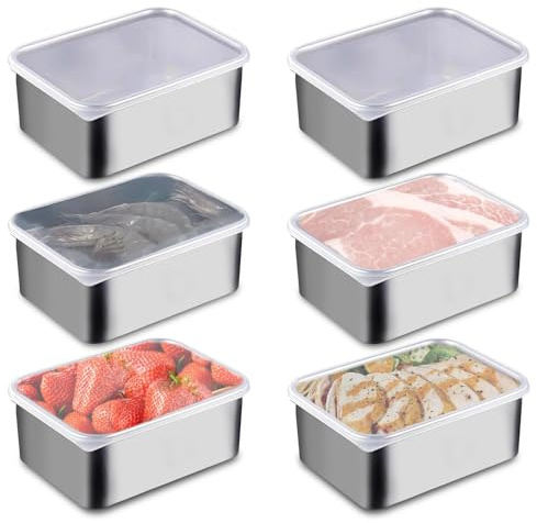 Contenedores de almacenamiento de alimentos, juego de 6, cajas de preparación de comidas de acero inoxidable con tapa, 500 ml, apilables