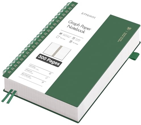 EMSHOI Notizbuch A4 Kariert, 100g/m² Papier, 300 Seiten - Tintengrün | Notizblock Kariert mit PVC Cover, 180° flach, Innentasche, Stiftschlaufe, für Schule, Arbeit, Zeichnen, 21.5 x 27.9 cm