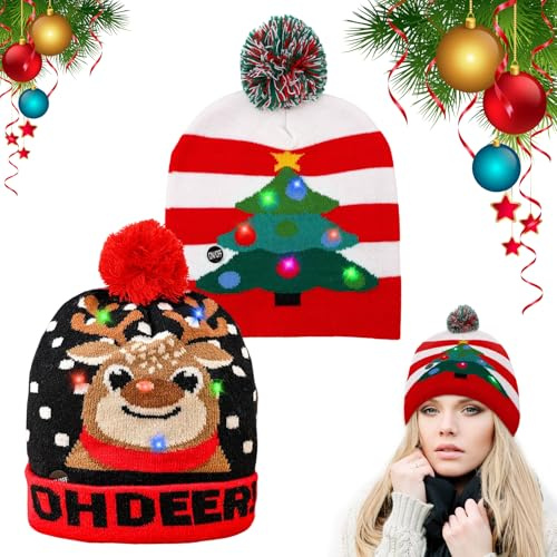 Qunkun Weihnachtsmütze Strickmütze mit LED Licht, Weihnachtsmütze Erwachsene, LED Beanie Weihnachtsmützen Luminous Christmas hat for Christmas party für Damen und Herren Kinder