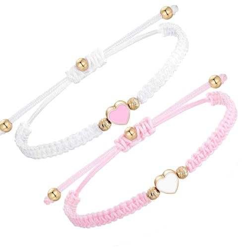 TIutmivo 2 Stück Herz Freundschaftsarmband, Pärchen Bangle, Geflochtenes Seilarmband, Verstellbare Freundschaftsarmband, Armbänder für Paare und Bester Freund (Rosa Weiß)