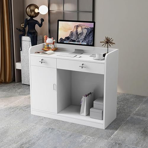 Moderner Empfangstisch mit Holz-Finish für Lobbys, Salons, Einzelhandelsgeschäfte und Heimbüros, eleganter Kassenpult und Empfangstheke (Braun, 90 x 40 x 92 cm)