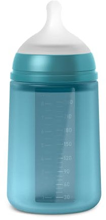 Suavinex, Biberon in Silicone da 240 ml, con Tettarella Fisiologica in Silicone SX Pro, con Valvola Anticolica, Biberon a Flusso Medio (M). Per bambini +3 mesi. Colour Essence Blu oceano