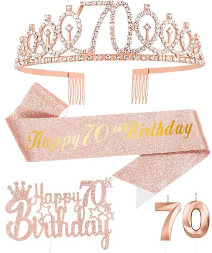 FUNCANDLE Rose Gold 70th Birthday Party Supplies Set -Rose Gold Cake Topper, Tiara Crown, Sash & Rosegold Candle for Girls Women Party Decorations Idea
