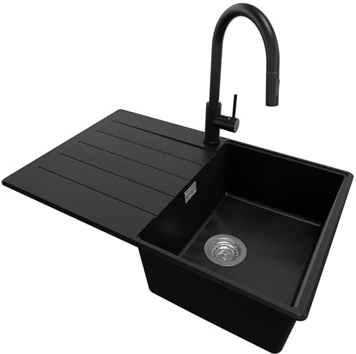 PRIMAGRAN Fregadero Granito al Mueble 45cm + Grifo, 78x50cm | Set: Grifo BW9010 + Kit de desagüe (sifón, válvula, rebosadero) + Copenhague Top 1 Seno para Cocina, Negro