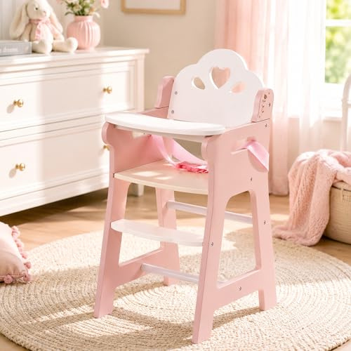 ROBOTIME Seggiolone per bambole in legno, per bambini fino a 45 cm, con cintura di sicurezza e Foodrest, sedia per l'alimentazione delle bambole, robusta ed elegante, accessorio per bambole per
