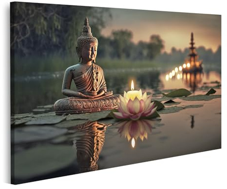 islandburner Bild auf Leinwand Buddha Meditation mit Kerzen und Lotusblume im Wasser Bilder Wandbilder Poster
