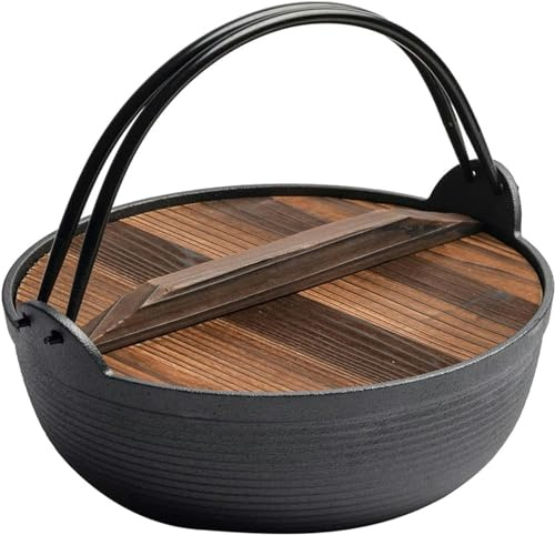 Pentola in ghisa in stile giapponese, per pasta, ramen, zuppe, stufati, 29 cm, con coperchio in legno e doppio manico