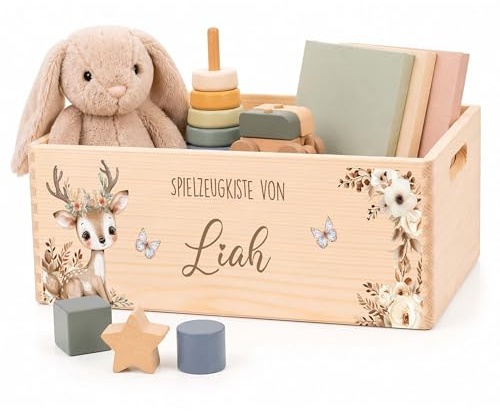 Kidsmood - Spielzeugkiste aus Holz mit Wunschnamen | Aufbewahrungsbox Kinder Spielzeug & Bücher | Praktische Holzkiste als Deko Kinderzimmer oder als Personalisierte Geschenke Baby zur Geburt & Taufe
