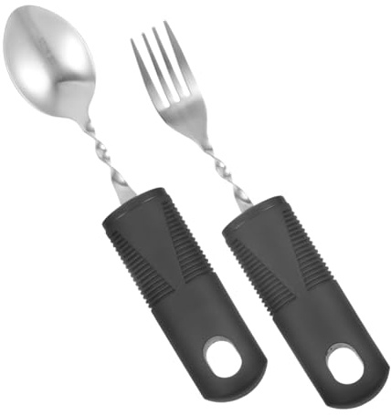 Acero Inoxidable Juego de Cuchara y Tenedor Adaptables para Mayores | 1 Set, Mango Antideslizante y Estable, Uso Sencillo, Pensado para Personas Mayores