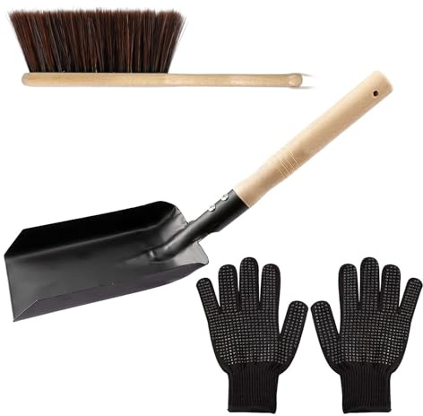 Set di pulizia per, manico in legno e metallo con guanti | kit pala per carbone e spazzola per, per interni esterni, spazzatura polvere