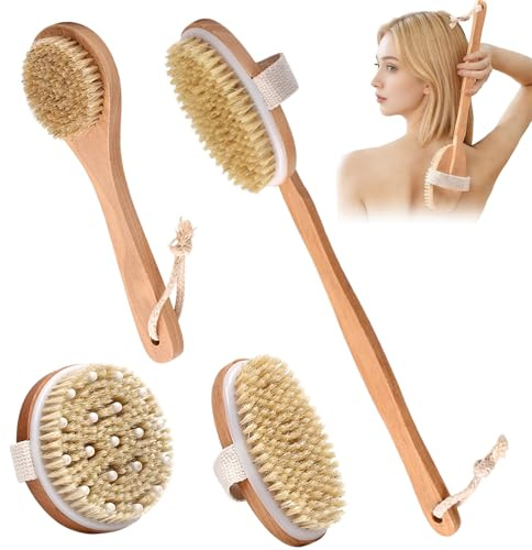 Gykutix 4 Pièces Brosse Dos Douche Brossage a Sec en Poils Naturels, Dry Brush Idéal pour la Cellulite, le Drainage Lymphatique et l’Exfoliant de la Peau