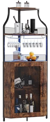 Eck-Weinschrank 154 cm – Bar Schrank Im Industrial Design Mit Glashalter, Gittertür & Verstellbaren Regalen – Platzsparender Eck-Barschrank Für Wohnzimmer, Küche & Esszimmer，Vintage-Farbe +Lampe