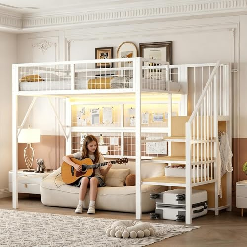 Su & Chan Legence Hochbett 90x200 cm, Metallbett mit Stauraumtreppe und Kleiderschrank, LED Etagenbett für Kinder und Jugendliche, inklusive Lattenrost, Weiß, ohne Matratze
