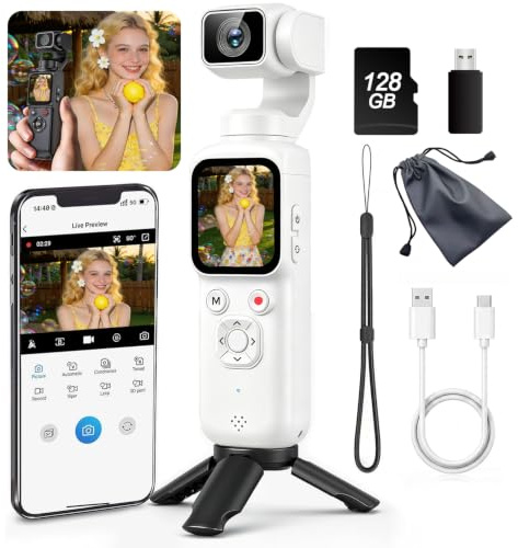 4K Handheld Vlogging Camera with WiFi, Outdoor Pocket Gimbal Camera, 330° Rotating Lens Handheld Video Camcorder, 64MP Fast Focusing Face Tracking, 3-Axis Stabilizer for Travel Vlog (White, 128G)