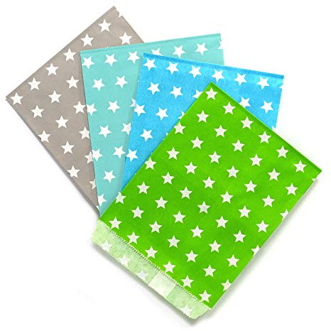 Frau WunderVoll® 100 PAPIERTÜTEN IM Set 20, 4x25 Stück: Taupe Sterne, türkis Sterne, beachblau Sterne, grün Sterne 13x16,5cm, 45Gramm Papier, flach/Hochzeit, Papiertütchen, Mitgebseltüten