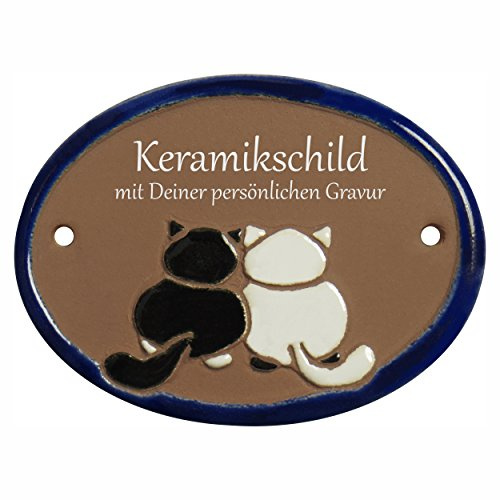 Handarbeit aus Schleswig-Holstein Keramikschild 9,5 x 7,5 cm Motiv Katzenpaar (braun)