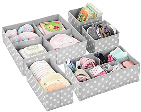 mDesign Soft Fabric Dresser Drawer/Closet Divided Storage Organizer Bins for Nursery - Holds Blankets, Bibs, Socks, Lotion, Clothes, Shoes, Toys - Set of 5 - Gray/White Polka Dot