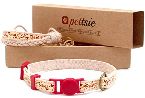 Pettsie Katzenhalsband und Freundschaftsarmband Set, Sicheres Design mit Weicher Baumwolle, D-Ring für Zubehör, Einfach Einstellbare Größe 12,7-20,3 cm, Rot