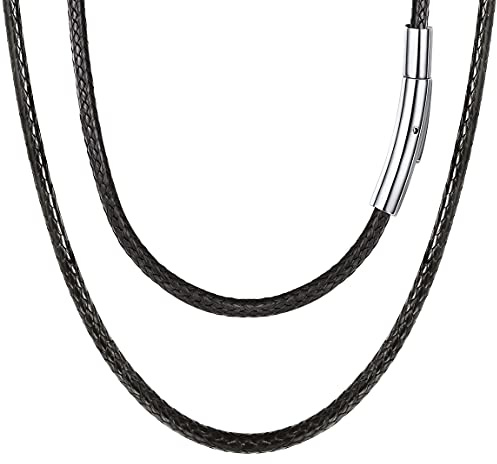 FOCALOOK 60CM Halskette personalisiert Kunstleder Collier Wachsschnur Kette 3mm breit Schwarz Geflochten Lederkette Name Gravur Lederband mit Edelstahl Verschluss für Männer Frauen Jungen Mädchen