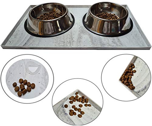 Dogbelly‎ rutschfeste Napfunterlage 50 x 30 cm Marmoreffekt für Katze Hund Fressnapf-Unterlage hoher Rand wasserdicht