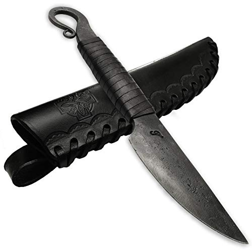 Toferner Cuchillo forjado a mano con vaina, cuchillo vintage para colección antigua, funda de piel auténtica, hoja endurecida, artesanía hecha a mano, idea de regalo para hombres (negro)
