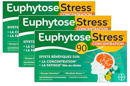 EuphytoseStress Concentration - Complément alimentaire - Bacopa Monnieri - Rhodiola Rosea - Plantes adaptogènes - Stress, Difficulté de Concentration - 3 mois - 3x30 comprimés - Fabriqué en France
