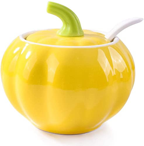 HirrWill Sucrier avec couvercle et cuillères, en céramique en forme de citrouille avec cuillère à sucre et couvercle pour la maison et la cuisine, design élégant, jaune, 297,7 g