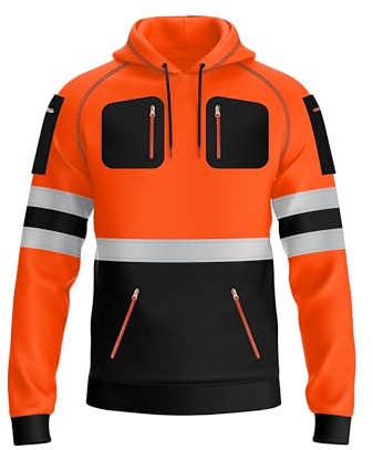trending babz New Mens Hi Vis Safety Work Pullover Hoodie Sweatshirt Reflective Tape High Viz Hoodie High Visibility Sweatshirt Multi Zipped Pockets