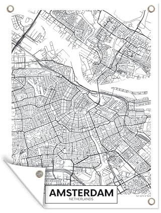 MuchoWow Outdoor-Poster Poster Wanddeko draußen Deko Garten Gartenposter 60x80 cm Stadtplan - Amsterdam - Schwarz und weiß