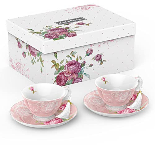 London Boutique Set di 2 Tazze da tè e piattino, in Porcellana, Stile Vintage, 200 m, Colore: Rosa, 7 cm