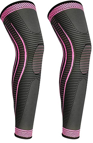 yeloumiss Kniebandage Lang 2 Stück Kniestütze Kompressions Knieschützer mit Rutschfestem Silikon Atmungsaktiv Knieorthese für Männer Damen für Sport Laufen ACL Arthritis (Rosenrot, S)