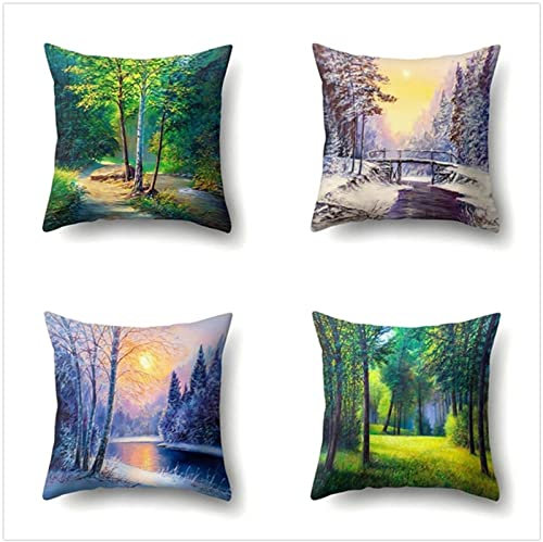 Kissenbezug 50x50cm 4er SetBoho Wohnzimmer Outdoor Deko, Schlafzimmer Zimmer Dekor Kissenhülle Kissenbezüge mit Verstecktem Reißverschluss, Couchkissen, Sofakissen Weinachten Wald-Schnee-Fluss