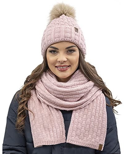 VIVISENCE Trendige Damen Winter Bommelmütze Mit Weichem Vlies-Innenfutter Aus Wärmendem Garn Antistatische Eigenschaften Perfekte Passform Für Kalte Wintertage Modisches Design, Rosa,Einheitsgröße