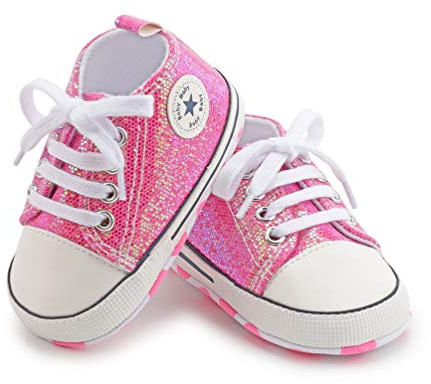 BAIELey walk in the clouds Baby Boys Girls Infant Canvas Sneakers High Top Lace up Bling Sequins Soft Sole Newborn First Walkers Shoe (Pink 6-12_Months)