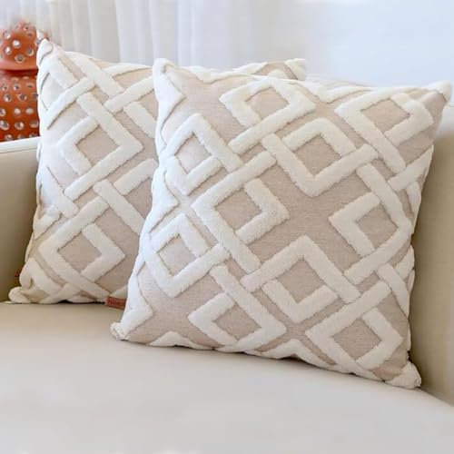 HAMUR HOME 2er Set Kissenbezüge 45x45 cm Boho Dekokissen Kissenbezug Sofakissen Dekorativ Couchkissen Kissenhülle Zierkissenbezug Set Kissen für Wohnzimmer Schlafzimmer (Mila, Beige)