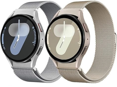 2 Stück Metall Armband für Samsung Galaxy Watch 7/6/5/4/FE 40mm 44mm/Watch 6 Classic 43mm 47mm/5 Pro 45mm/4 Classic 42 46mm,Keine Lücke Mesh Edelstahl Metall Magnetische Armbänder，Vintage Gold/Silber