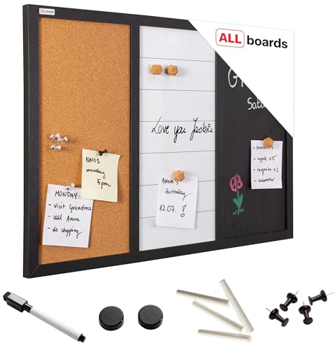 ALLboards Kombitafel 3-in-1 Combination Board: Dry Erase-Magnetic, Magnetic-Chalk, and Cork Board 60×40 cm