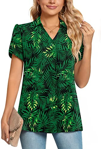 POPYOUNG Ladies Tops Chiffon Blouse Business Tunic Petal Short Sleeve Office Shirts for Work XL, Green Leaves