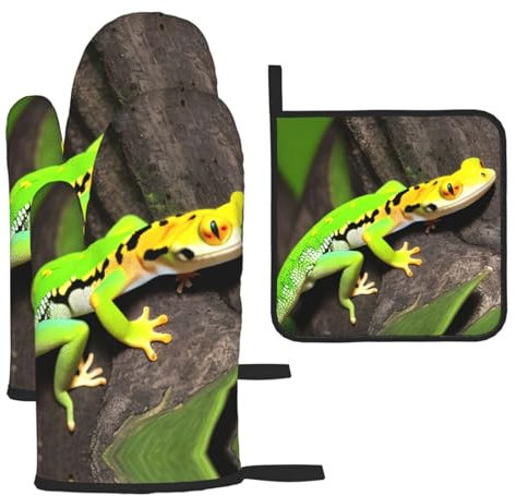 Green Geckos Lot de 3 maniques et maniques résistantes à la chaleur pour la cuisine et le barbecue